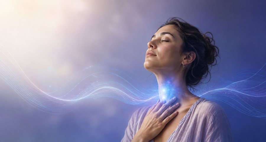 Persona con la mano en la garganta y ondas de sonido