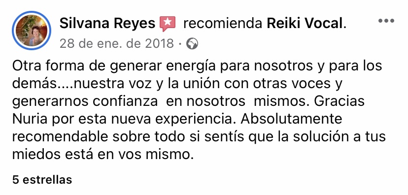 Recomendación de Silvana Reyes a Reiki Vocal en Facebook